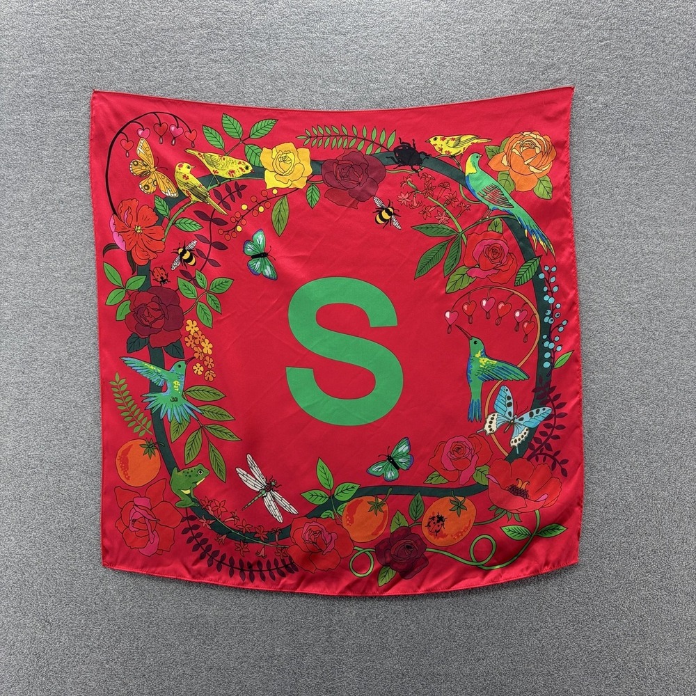 Karen Mabon Scarf Womens OS Red Silk Square Floral Nature Critters Initial S